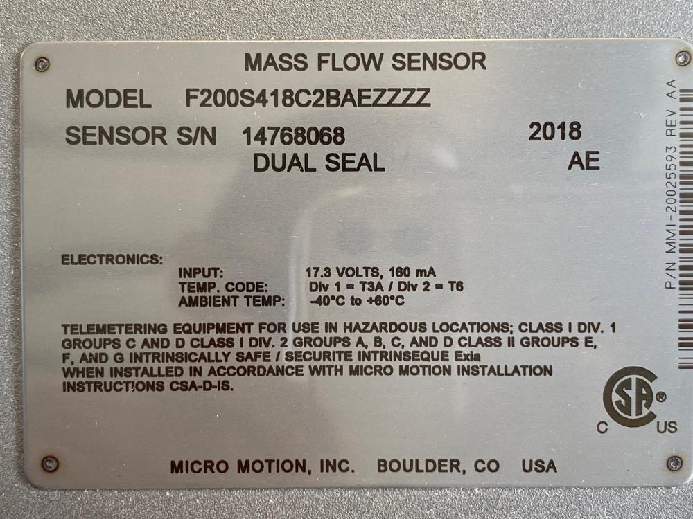 Micro Motion 2" x 1-1/2" 150# 316 Stainless Flow Meter F200S418C2BAEZZZZ (J)